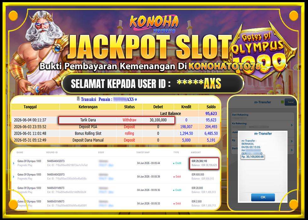 KONOHATOTO78 JACKPOT GATES OF OLYMPUS 1000Rp.30.100.000LUNAS
